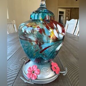 Handcrafted Hummingbird Feeder with Perch - Hand Blown Glass